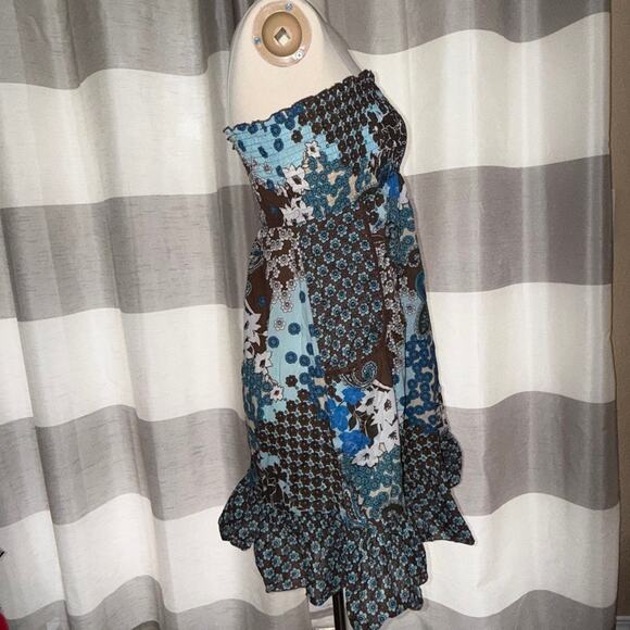 Vtg Y2k TOPSON DOWNS Brown Blue Paisley Boho Strapless Tube Dress Cotton L - Picture 3 of 11